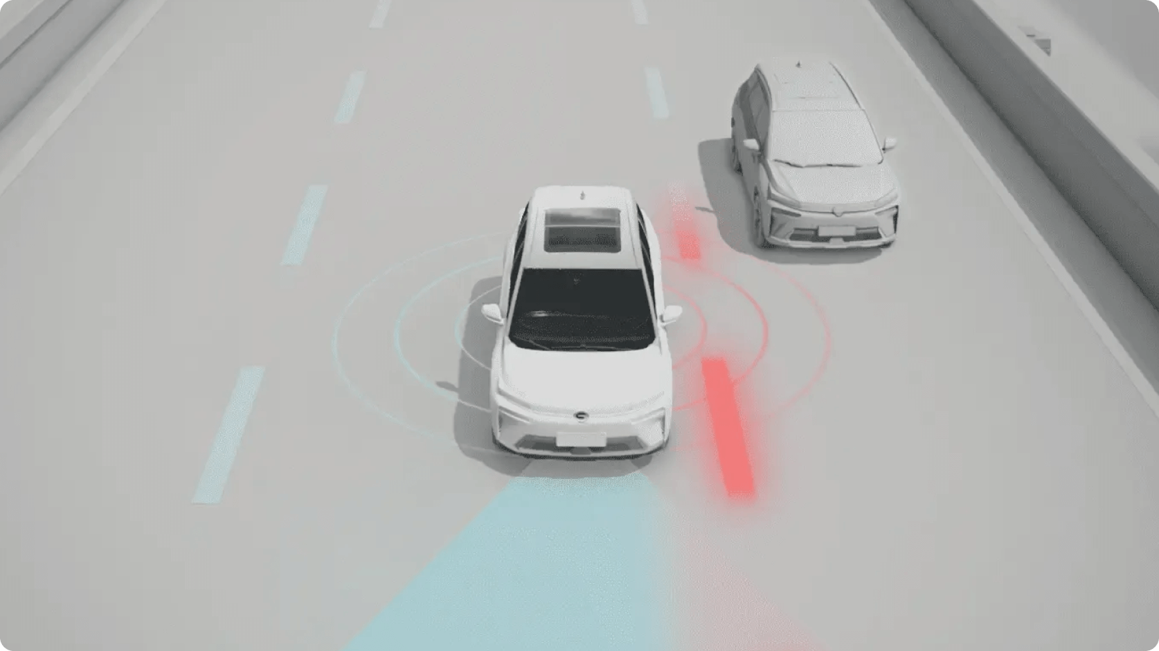 Driver assistance system visualisation showing the AION V detecting surrounding vehicles