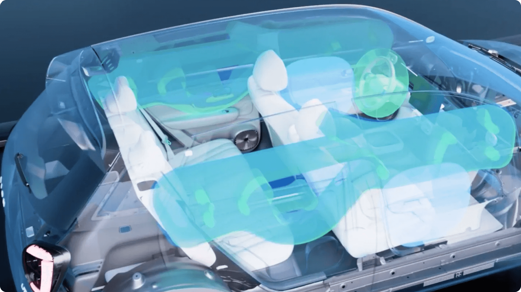 Cutaway view of the AION UT interior showing airbag coverage and occupant protection zones