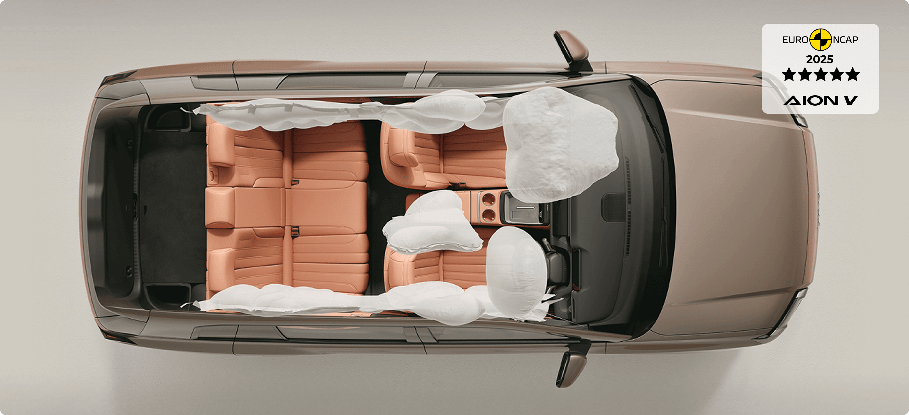Top-down view of an AION interior showing deployed airbags and a five-star Euro NCAP safety rating