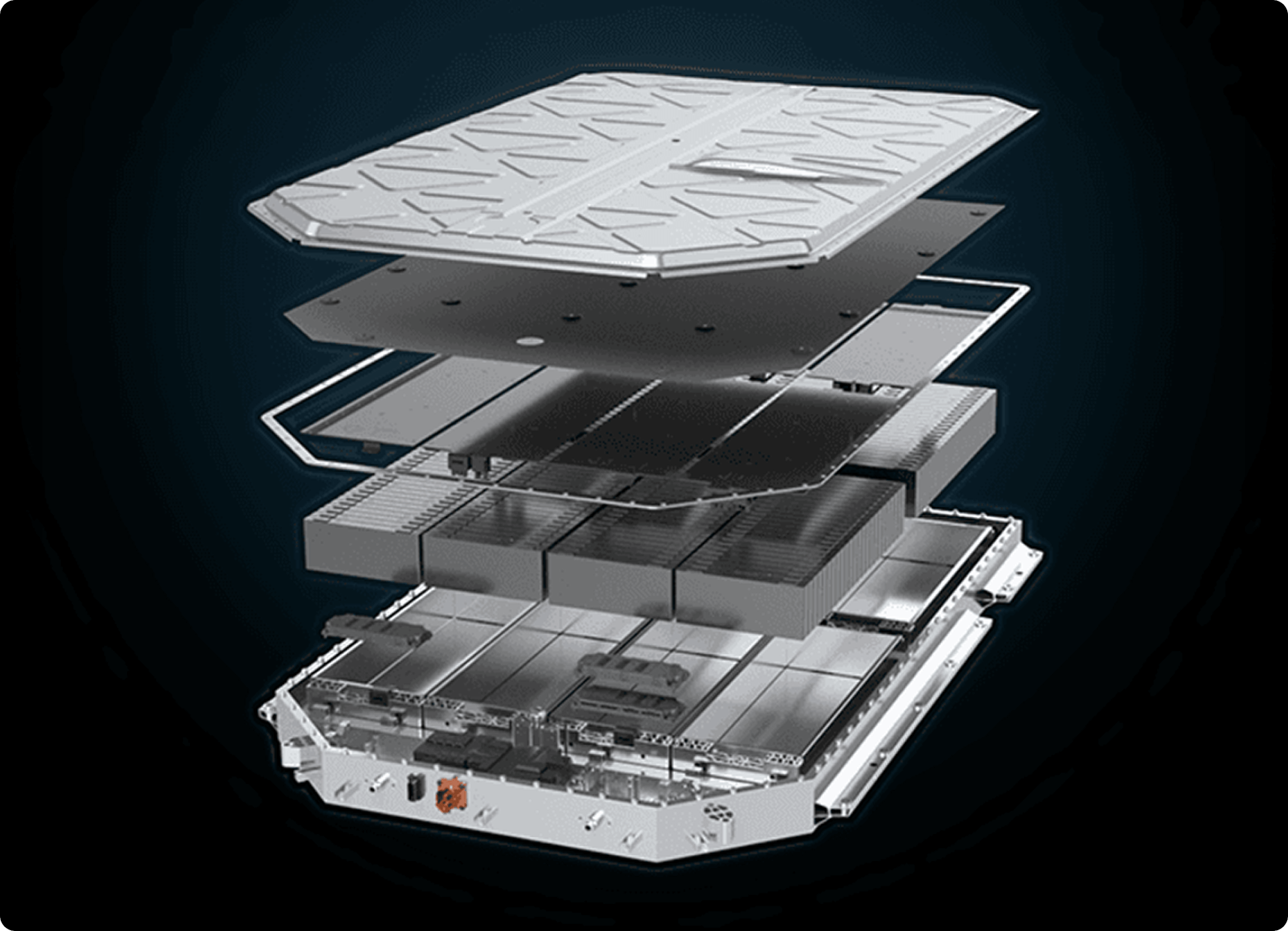 Exploded view of an AION battery pack showing layered cell and casing structure
