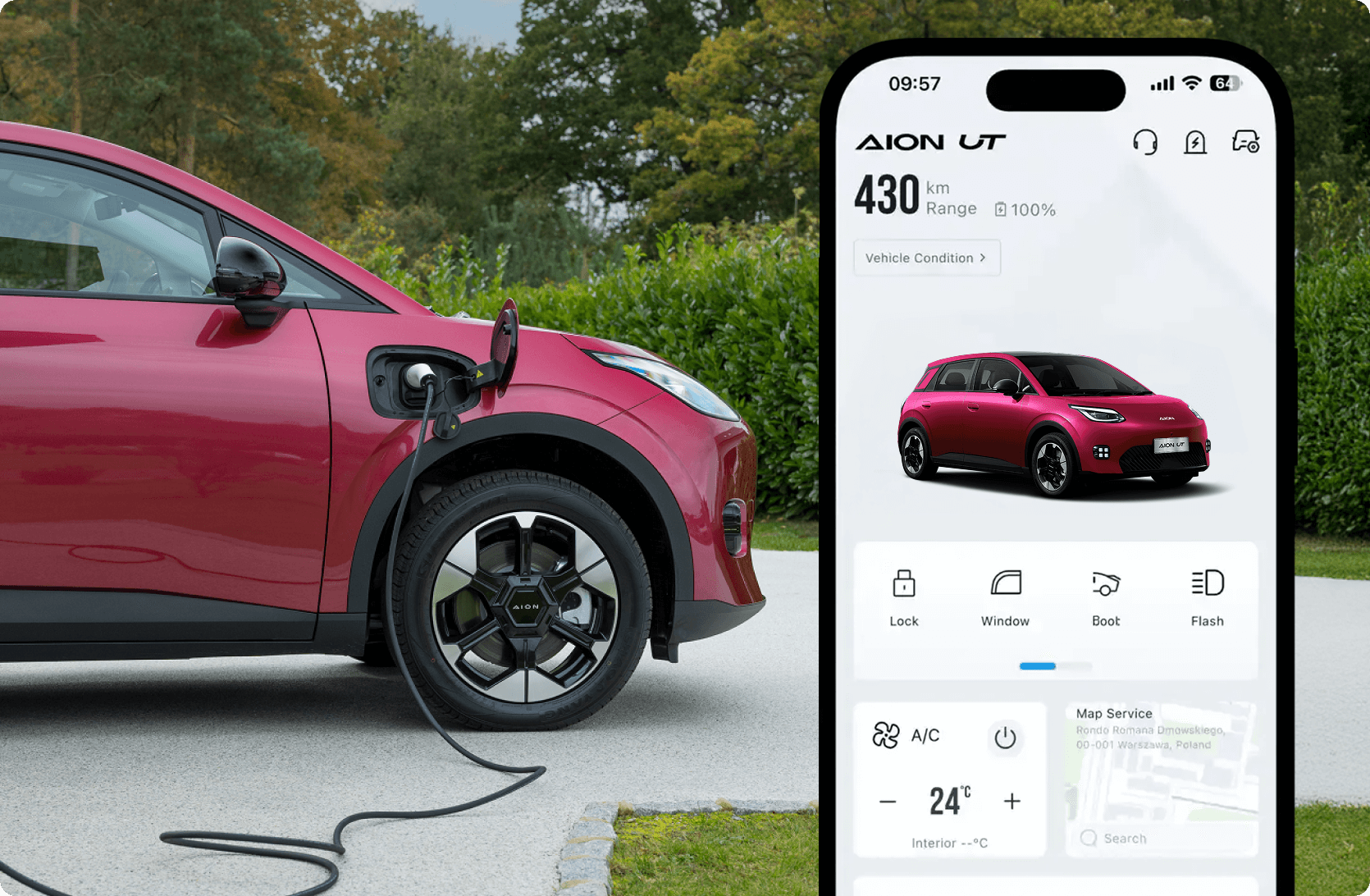 Red AION UT charging in the background while a mobile app displays vehicle status and other features