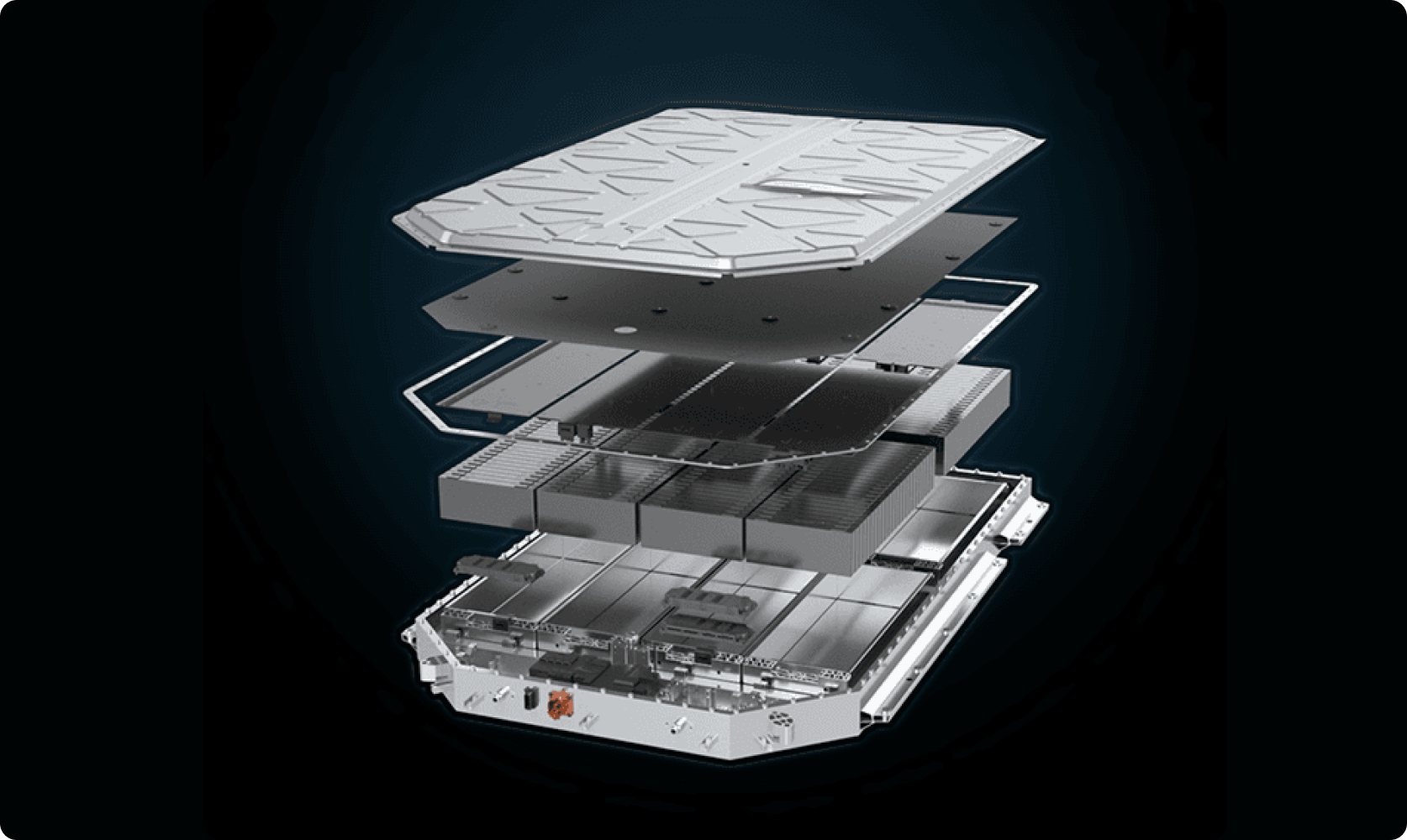 Exploded view diagram of the AION battery pack showing layered components