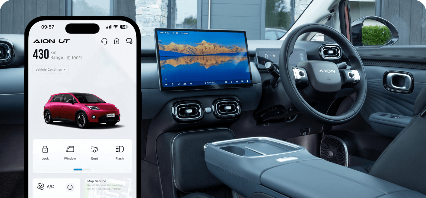 AION UT interior shown alongside a mobile app displaying vehicle information