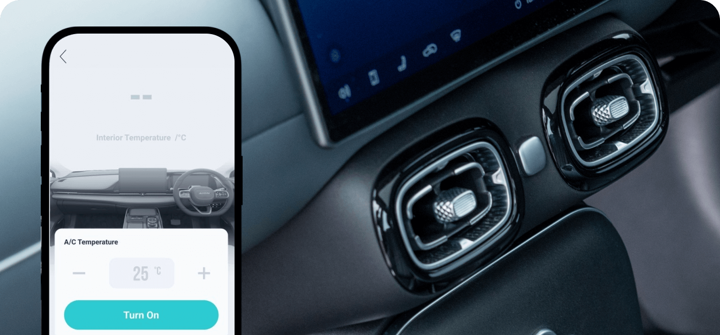 Mobile app interface showing remote climate control for an AION UT