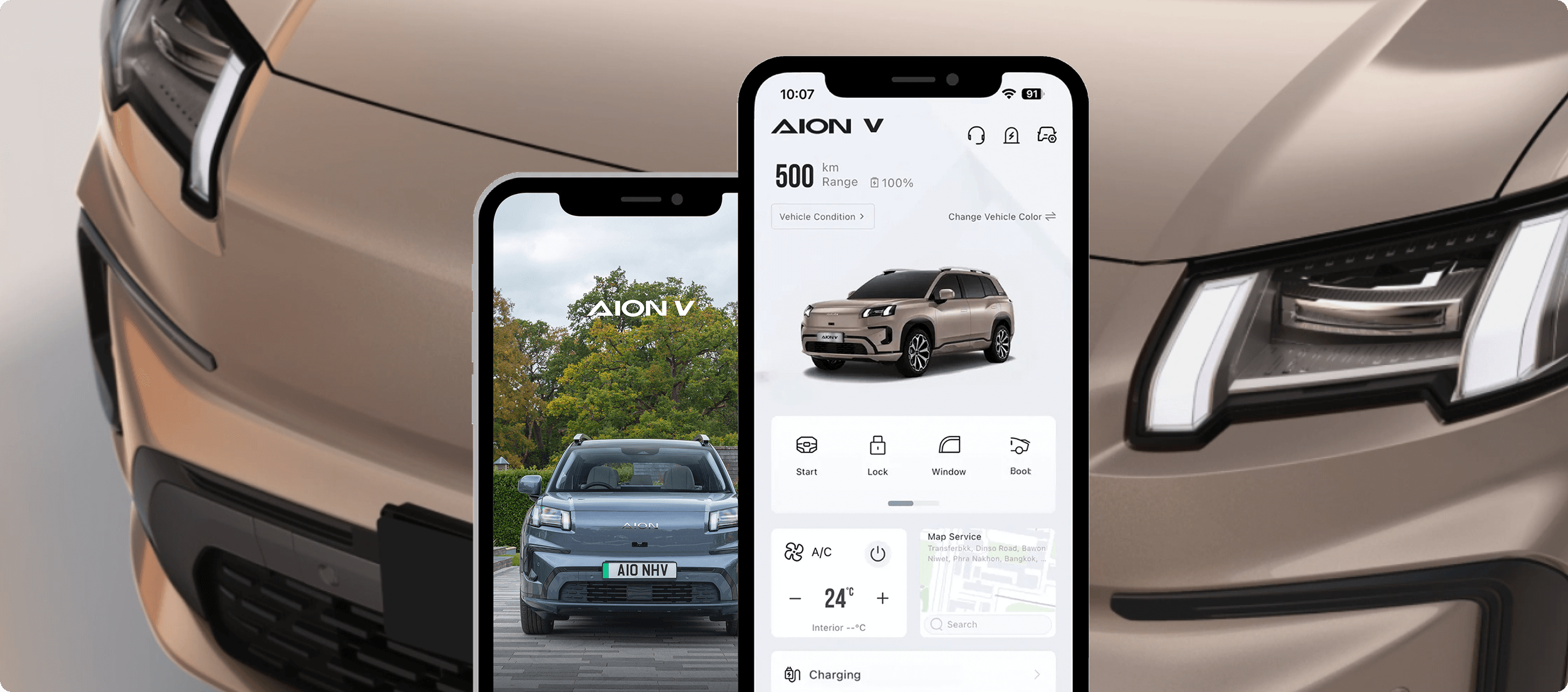 AION V shown with a mobile app displaying vehicle status and other features