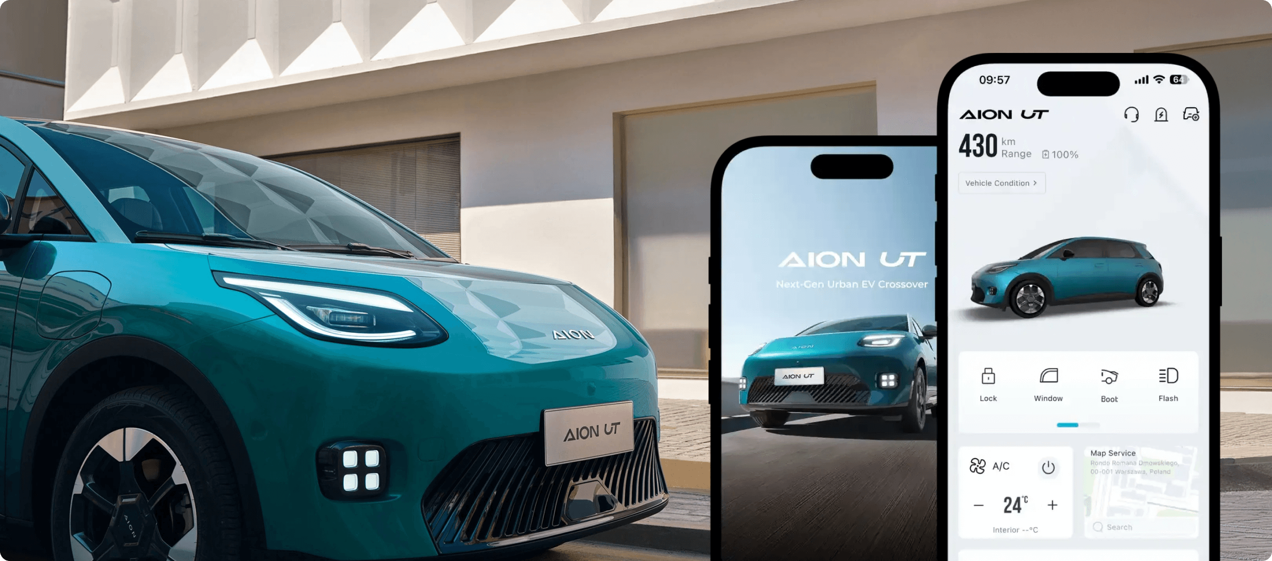 AION UT shown alongside a mobile app displaying vehicle status and controls