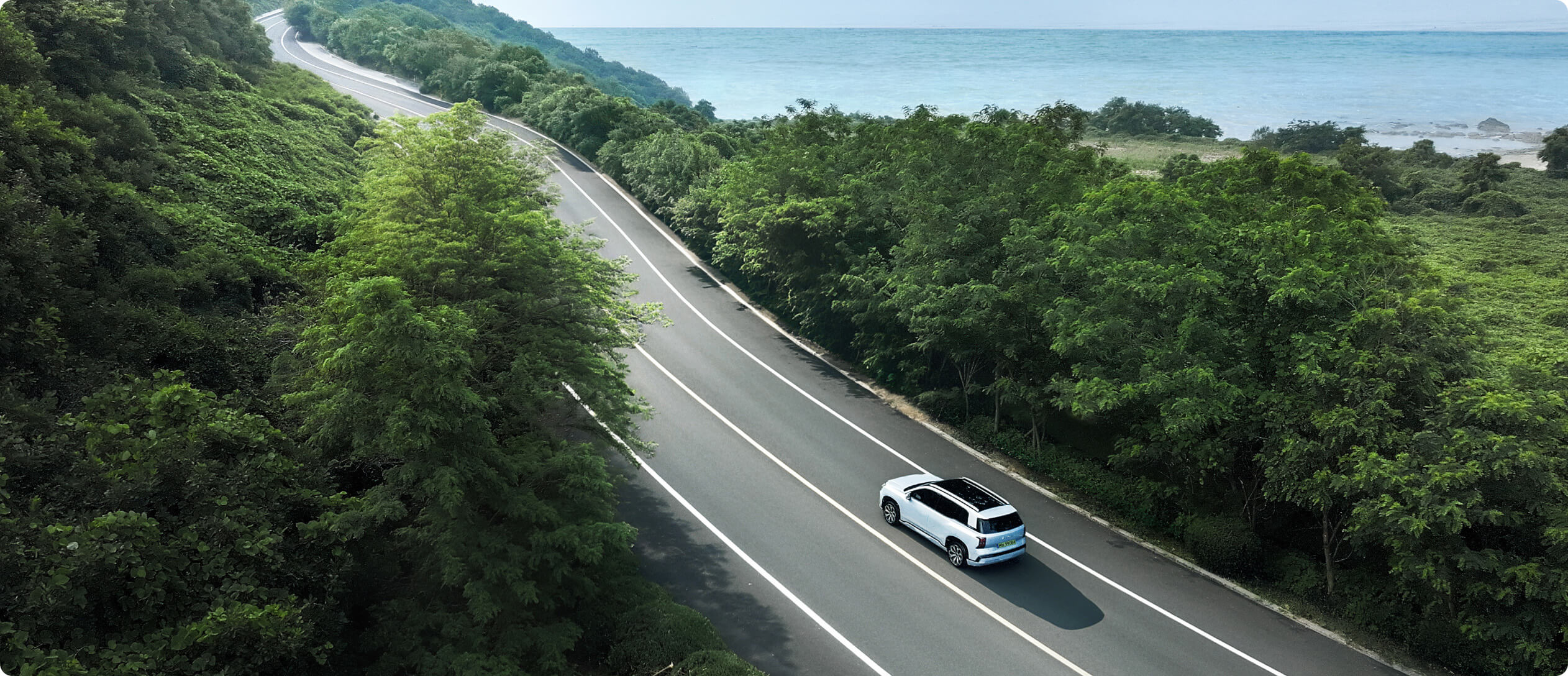 AION V driving along a coastal road surrounded by greenery and sea views