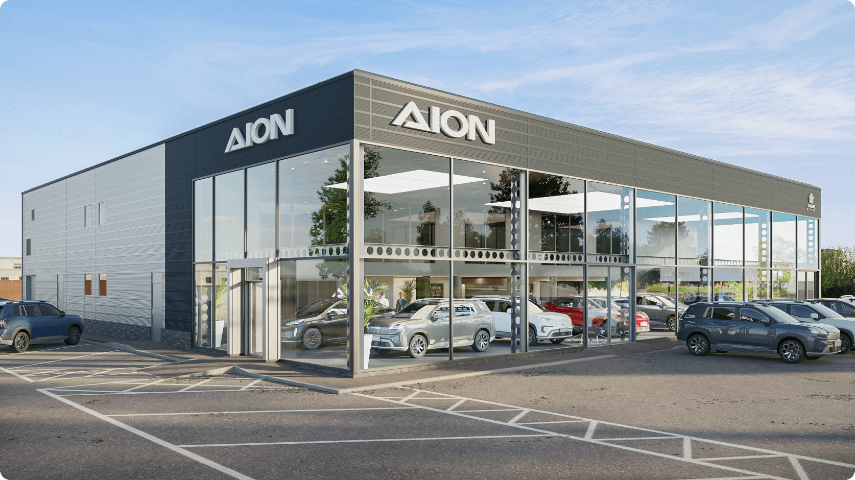 Exterior of an AION dealership with showroom and service centre