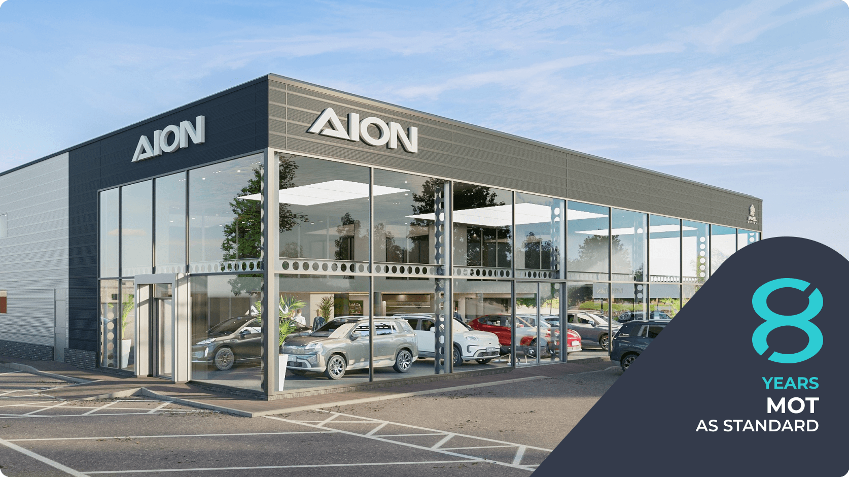 AION car showroom with multiple vehicles on display and “8 years MOT as standard” text overlay