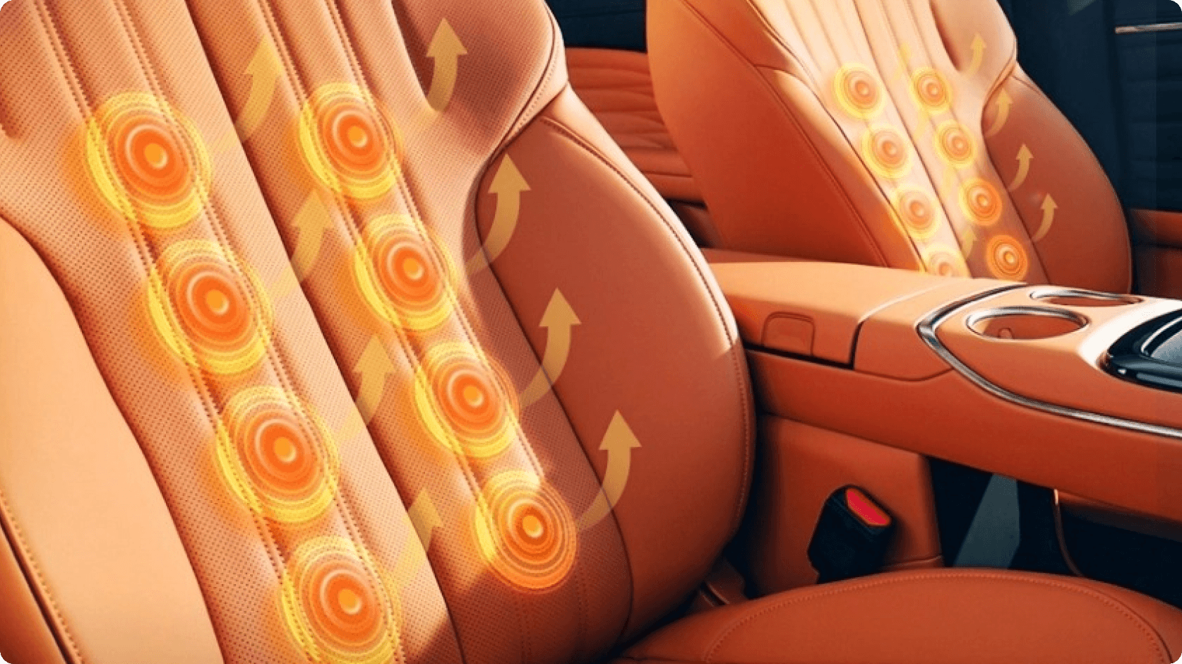 Illustration of AION V front seats with built-in 8-point massage function highlighted across the seat and backrest