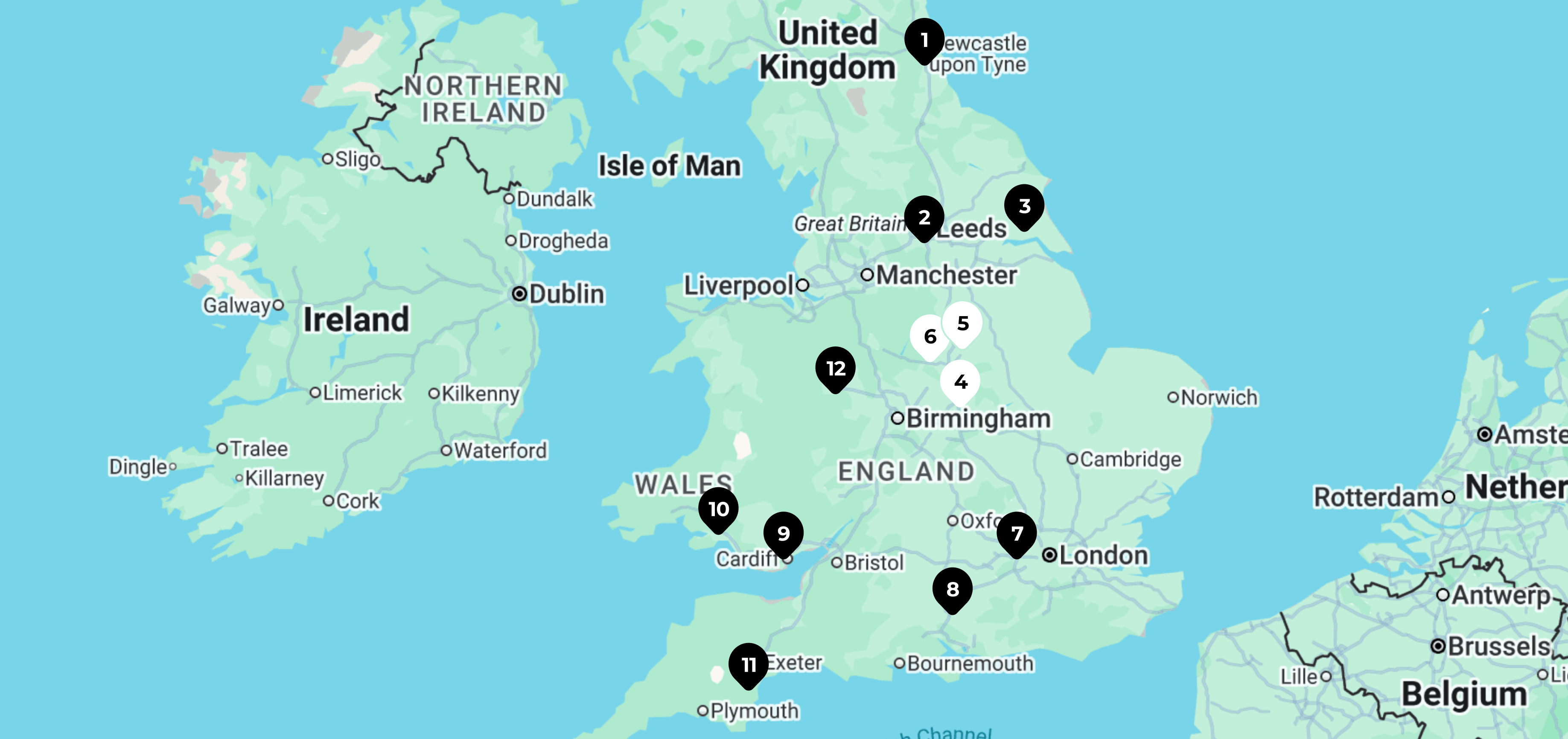 Map of England showing the locations of dealers