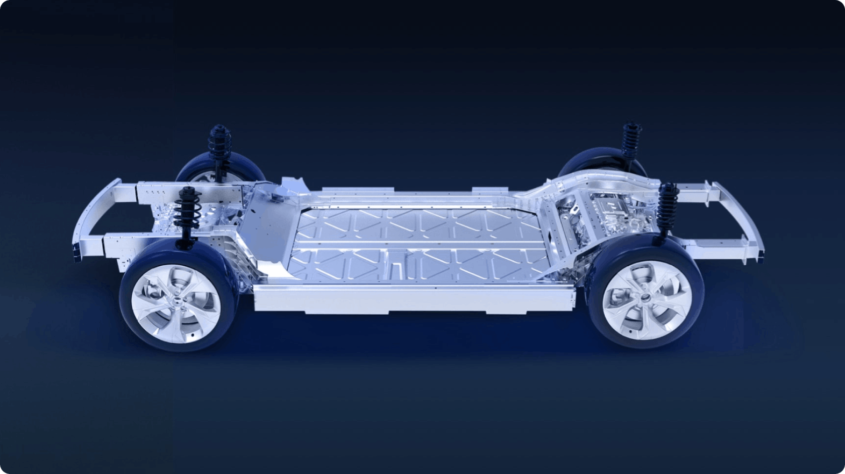 Illustration of the AION electric vehicle platform with the integrated battery pack and chassis