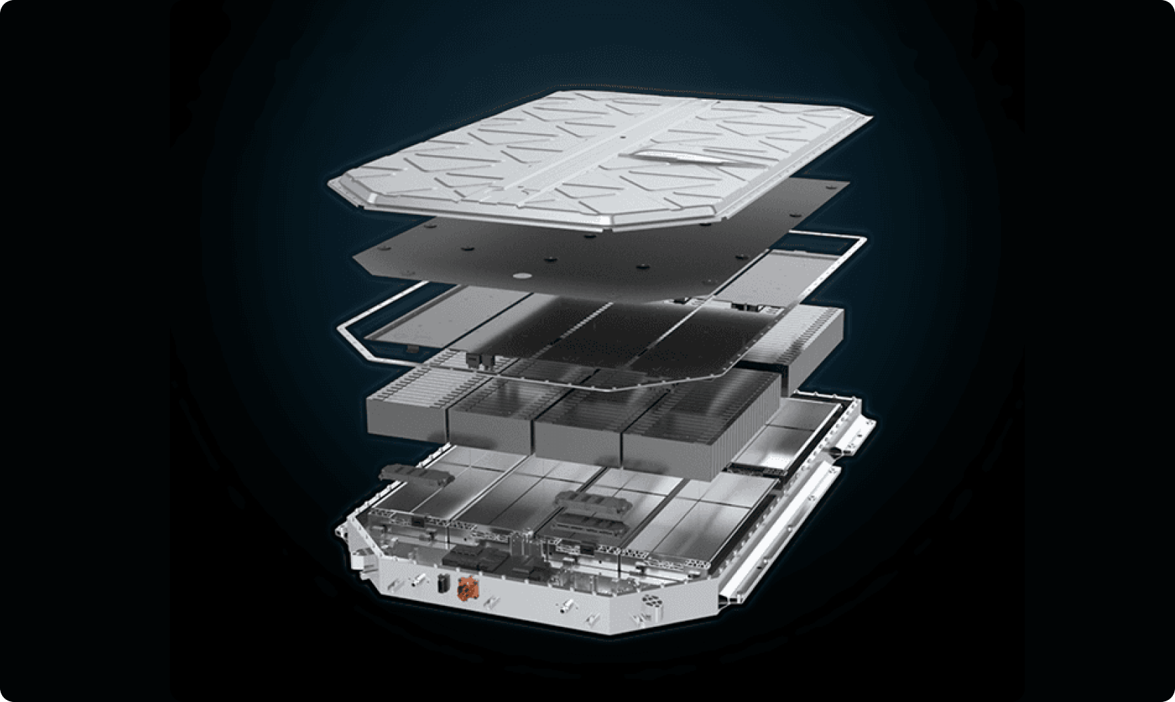 Exploded illustration of the AION battery pack showing its internal layers and protective casing