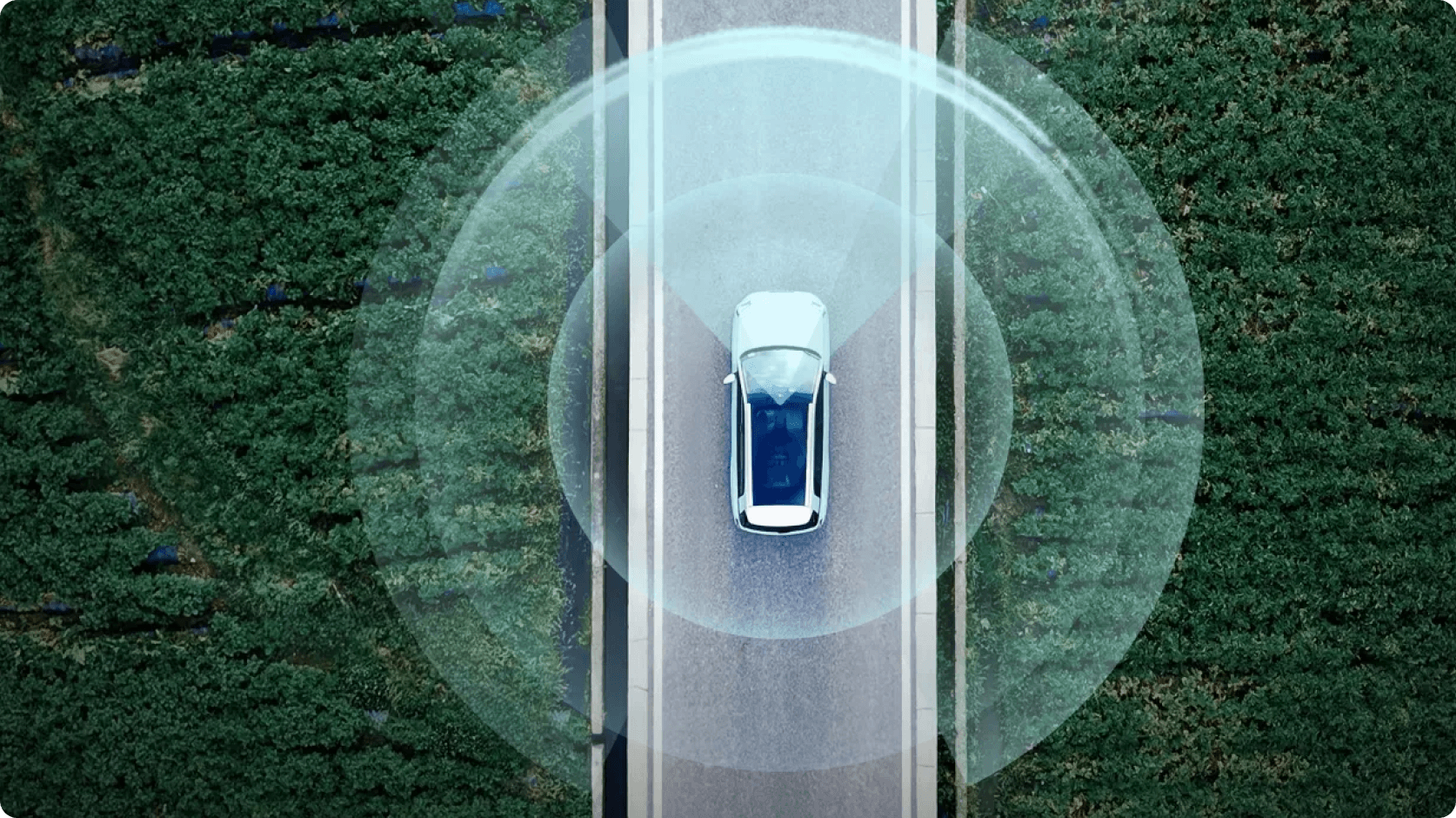 Illustration of an AION vehicle connected to its surroundings using intelligent driving technology