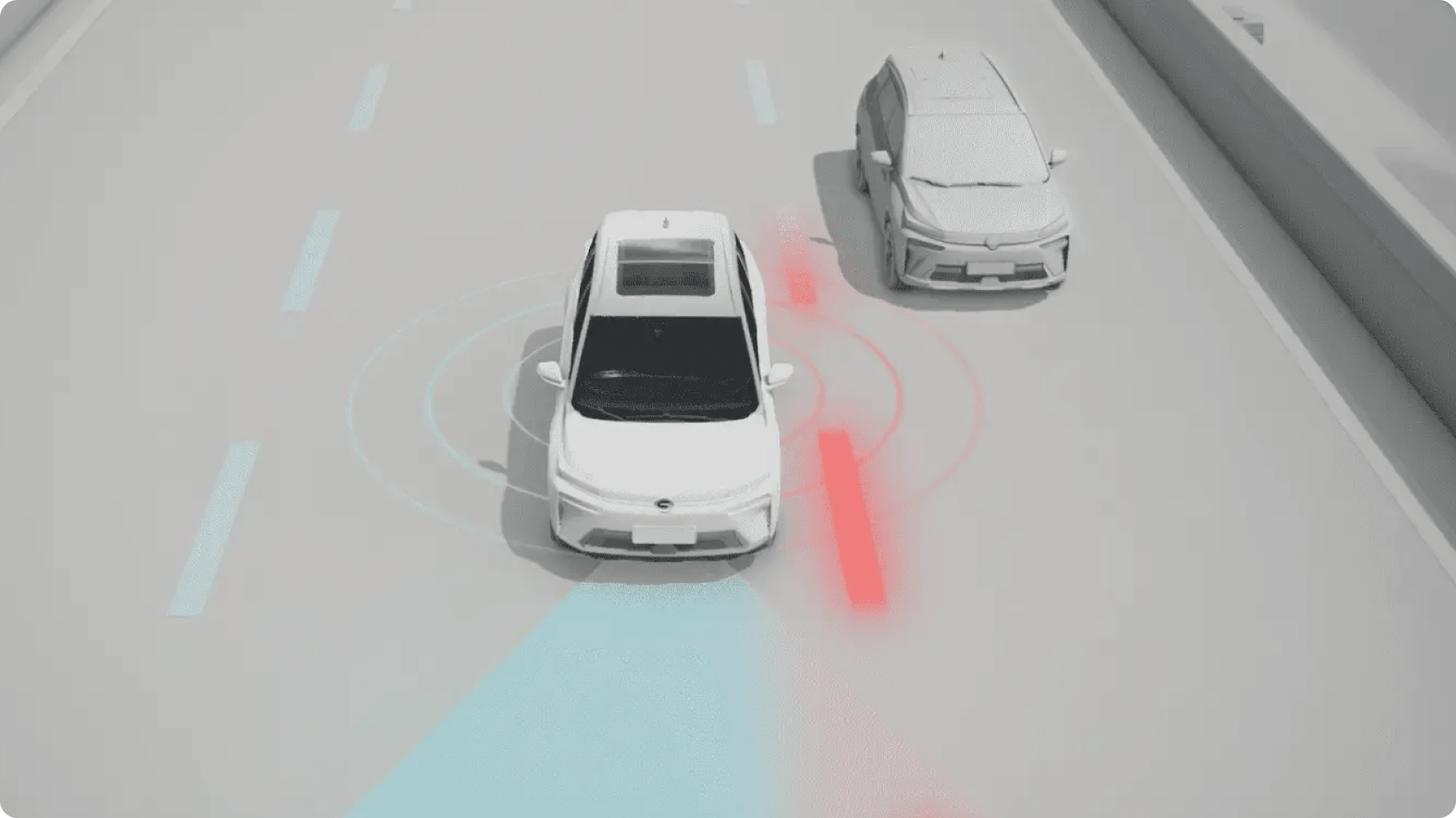 Illustration of an AION V demonstrating blind spot monitoring by detecting a vehicle in the adjacent lane