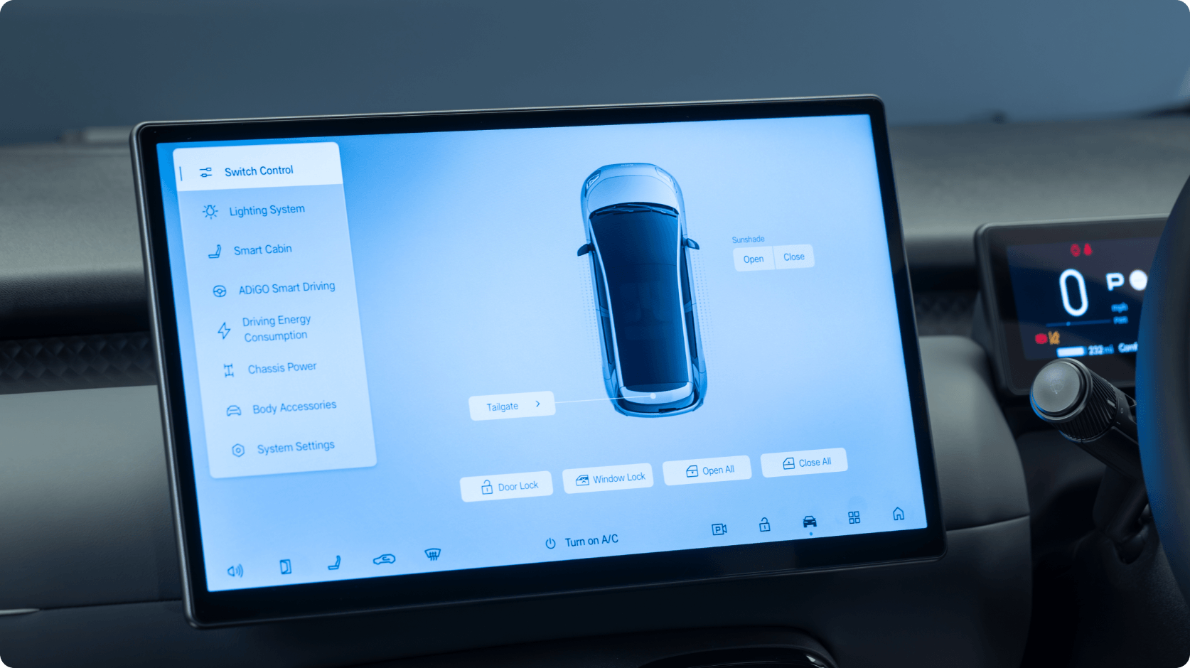 AION infotainment touchscreen displaying vehicle controls and smart cabin settings