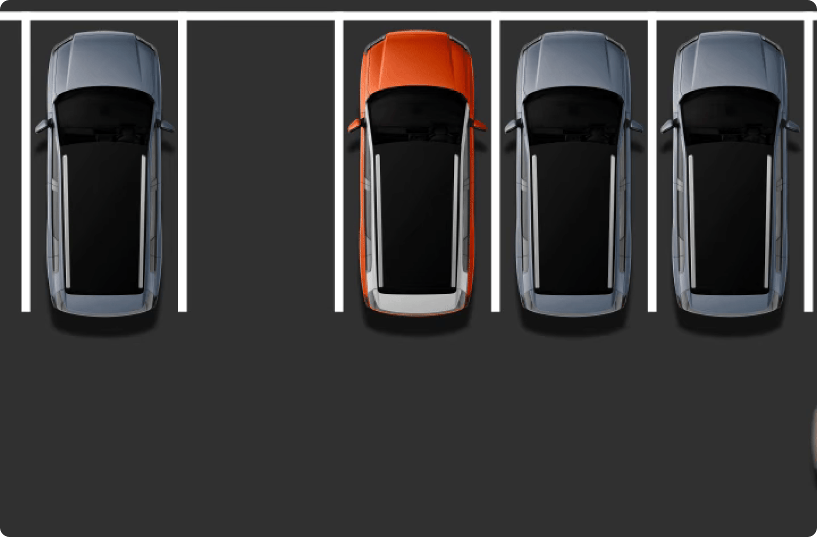 Top-down illustration of an AION V parked between two vehicles, demonstrating how it's cameras and sensors help with parking