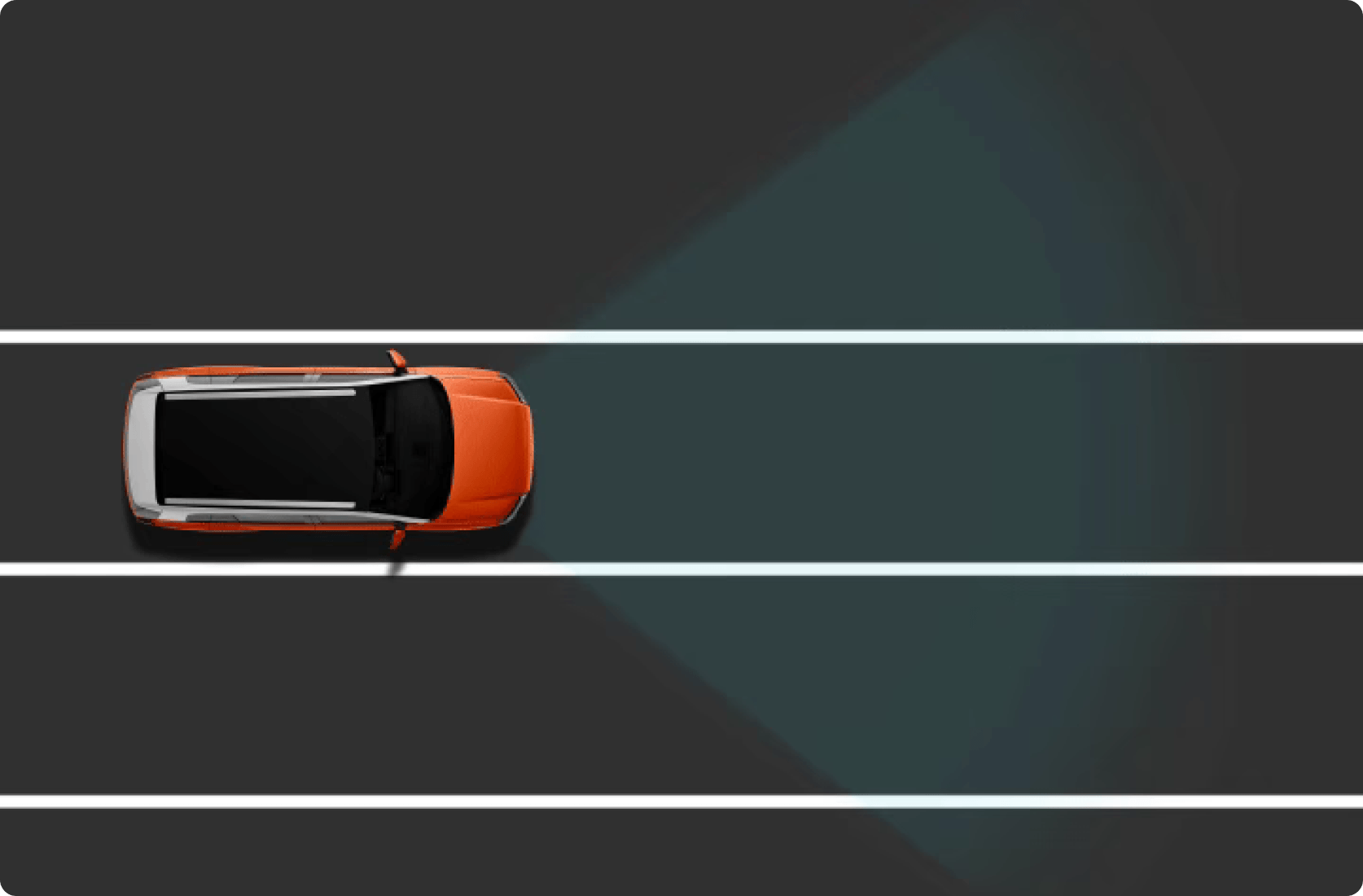 Top-down illustration of an AION V detecting potential hazards ahead using forward collision sensing