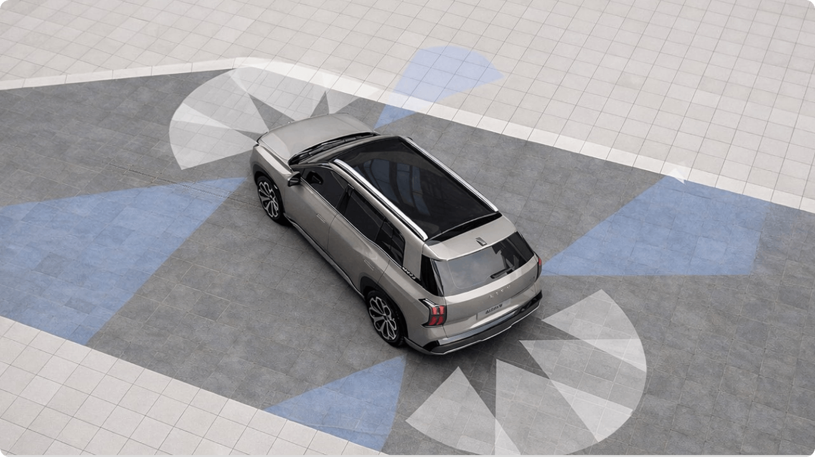 Illustration of an AION V demonstrating its 360-degree camera system with a full view around the vehicle