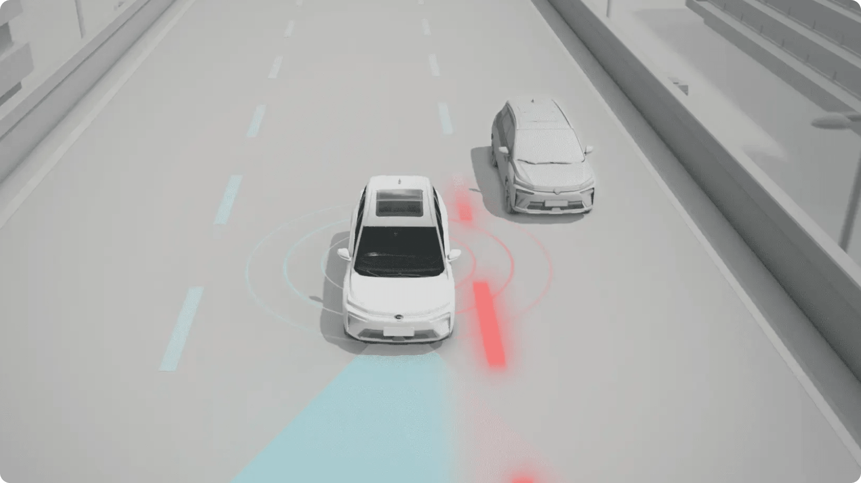 Illustration of an AION V demonstrating blind spot monitoring by detecting a vehicle in the adjacent lane