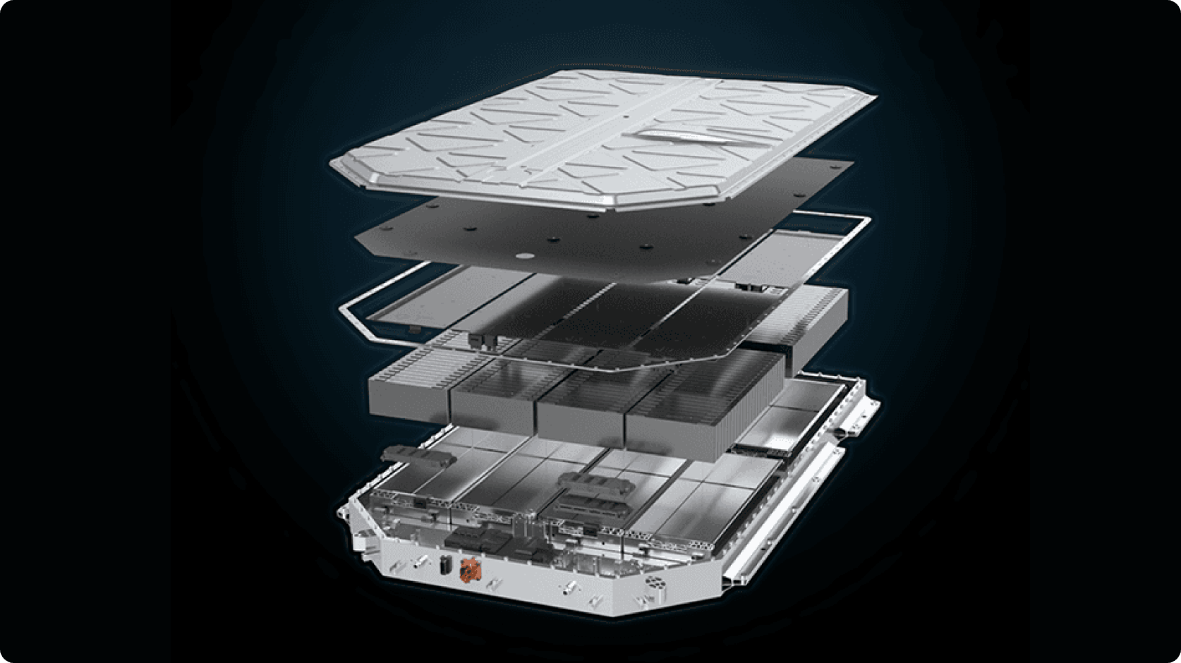 Exploded illustration of the AION battery pack showing its internal layers and protective casing