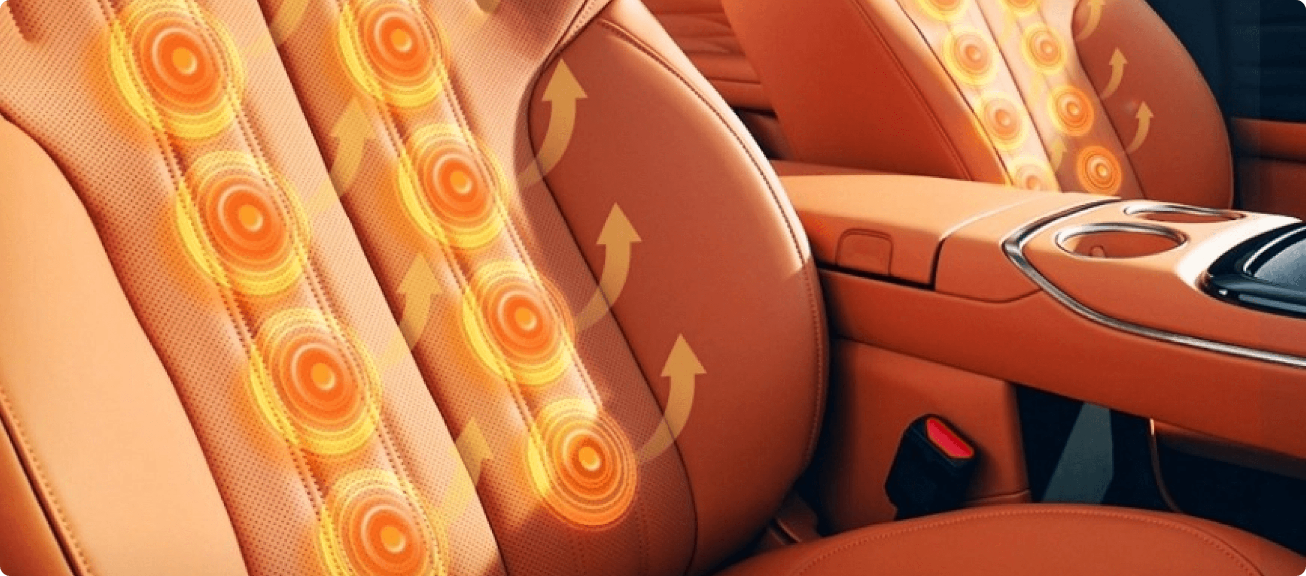 Illustration of AION V front seats with built-in 8-point massage function highlighted across the seat and seat back