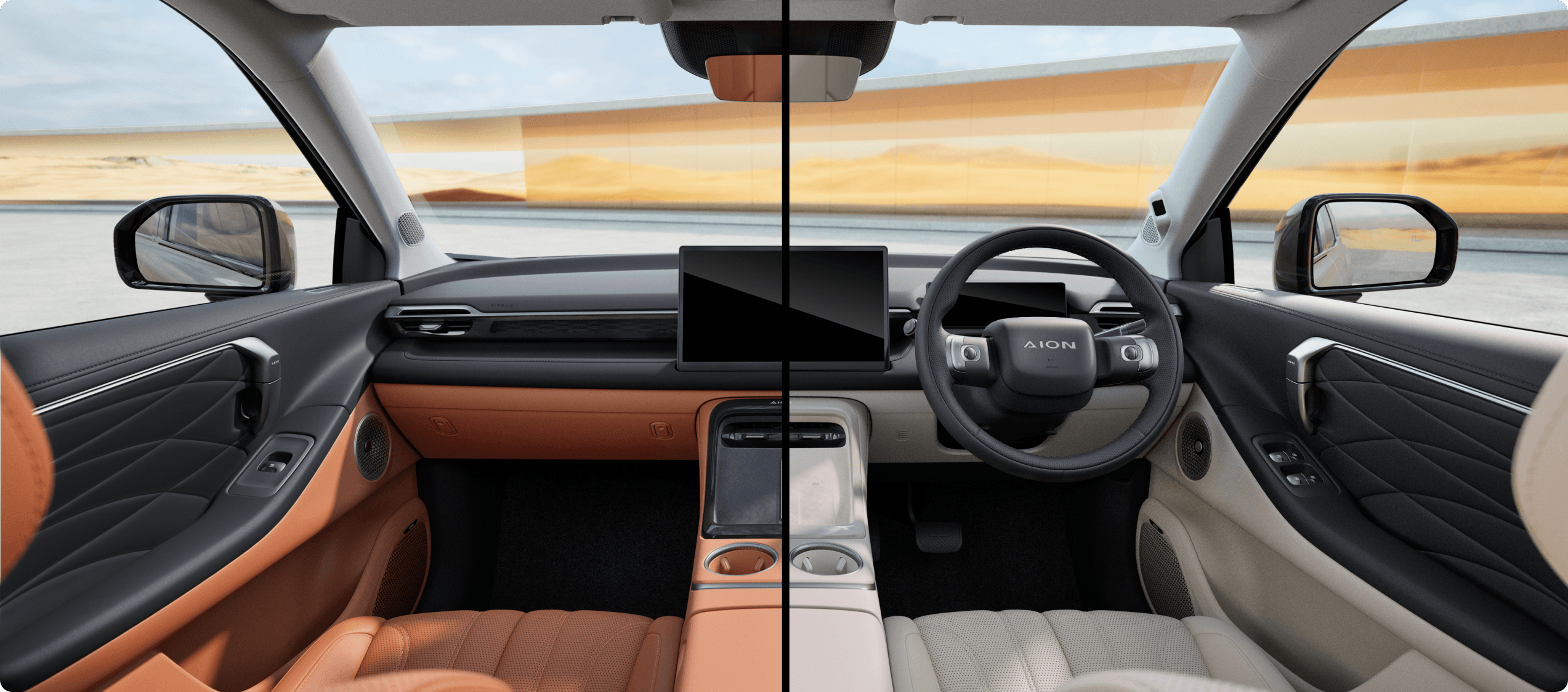 AION V interior shown in two colour options with a dual-tone dashboard and centre touchscreen