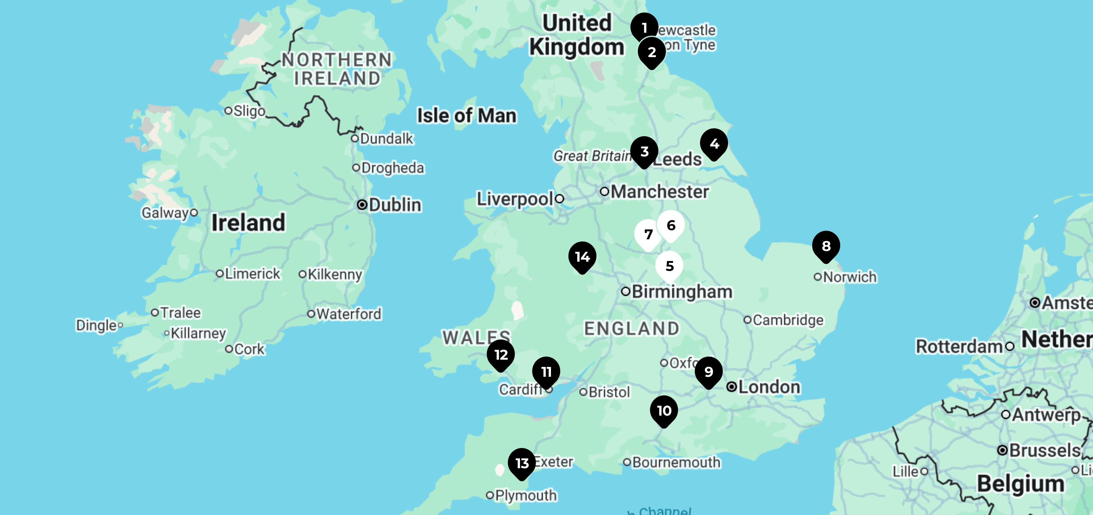 Map of England showing the locations of dealers
