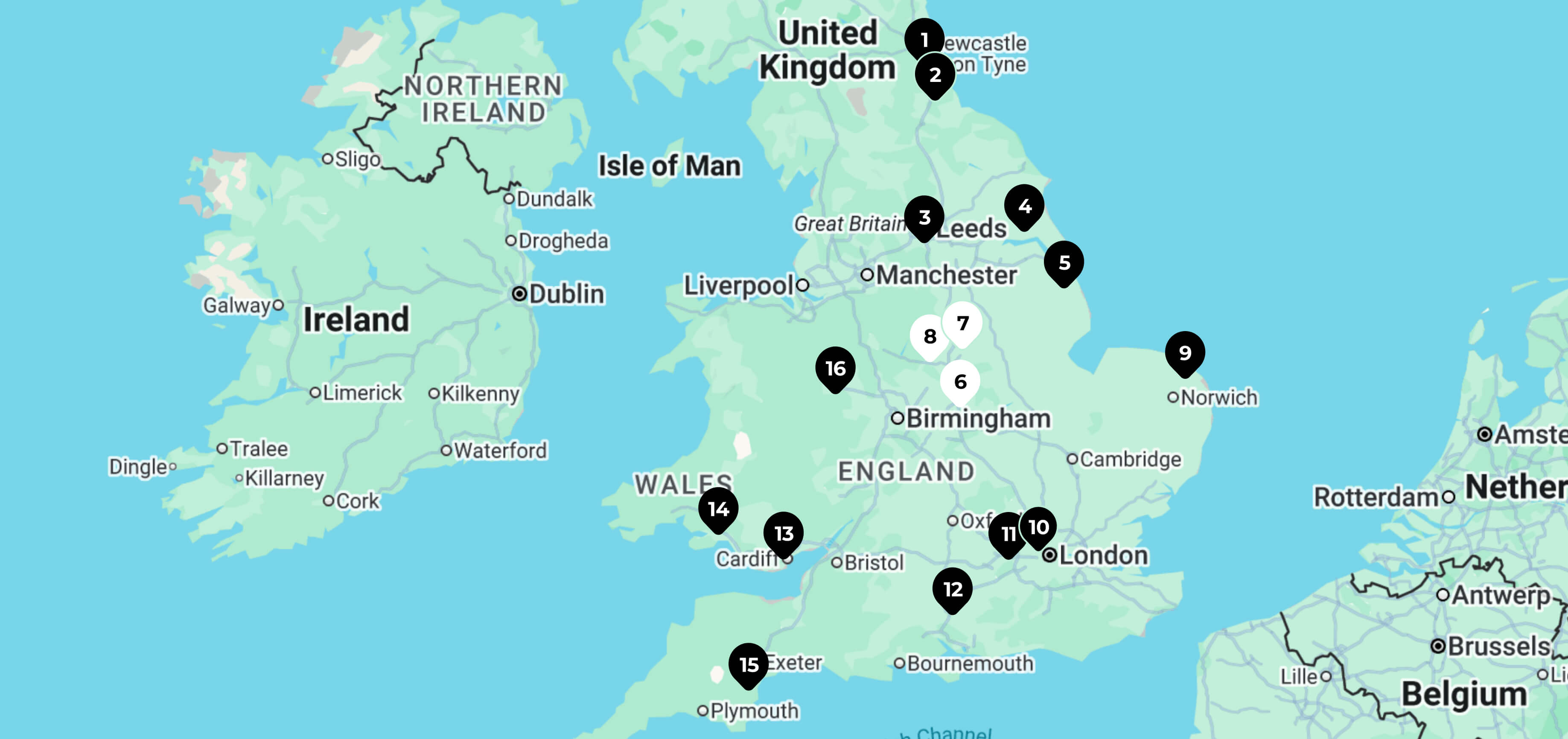Map of England showing the locations of dealers