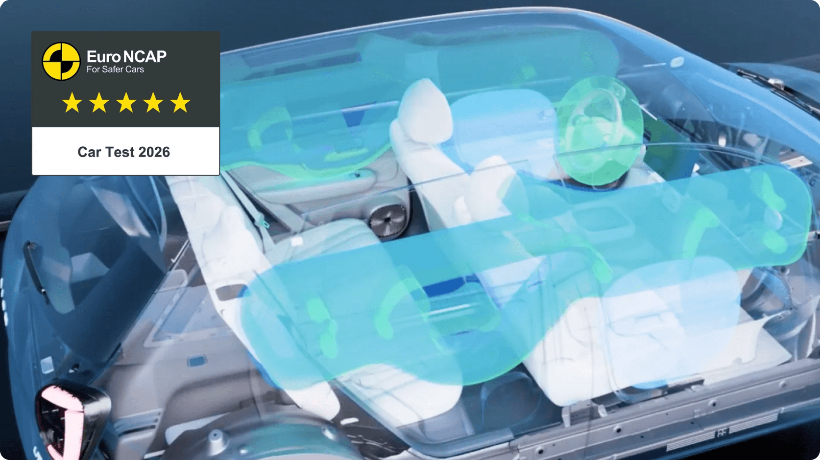 Cutaway view of the AION UT interior showing airbag coverage and occupant protection zones