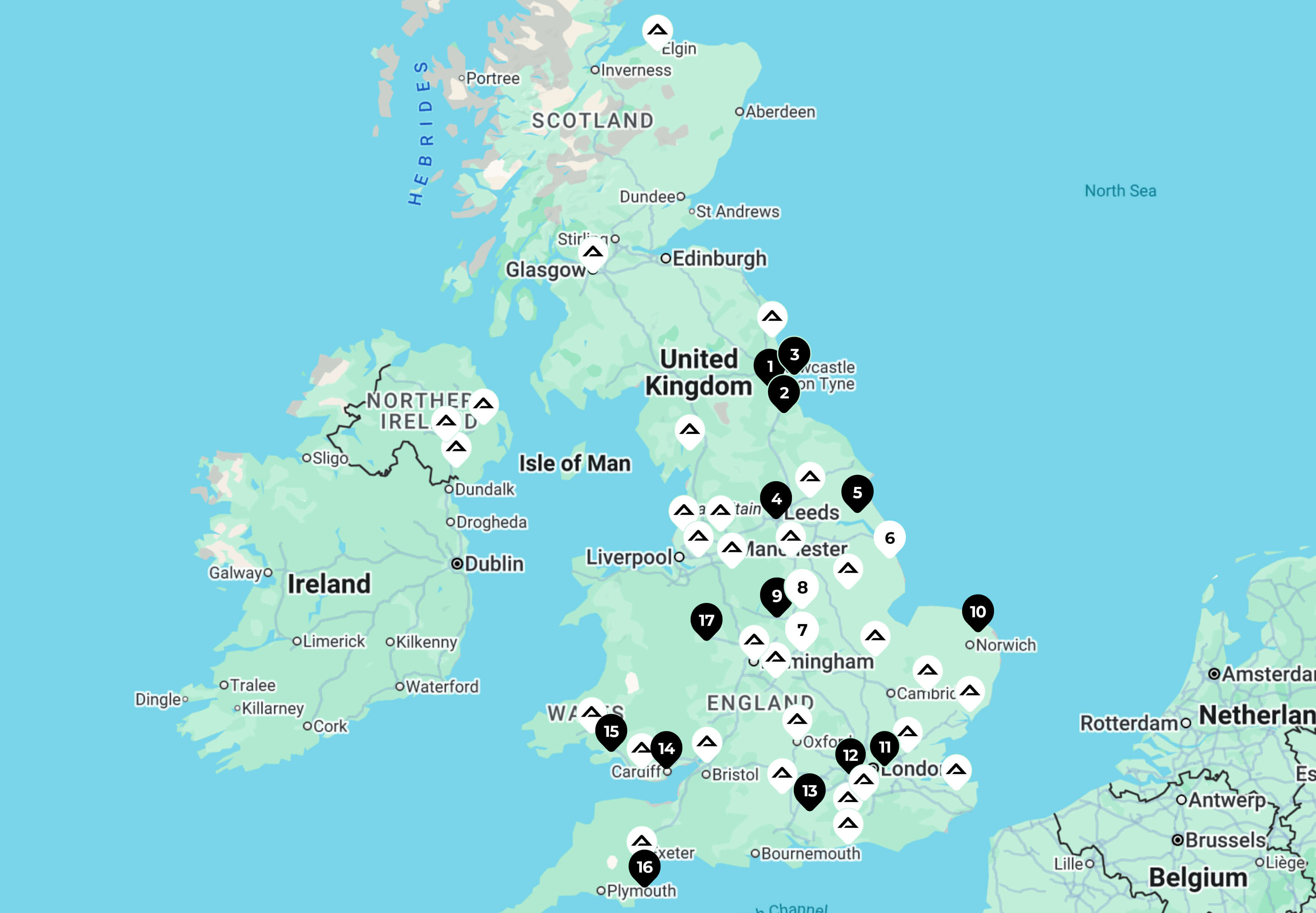 Map of United Kingdom showing the locations of dealers